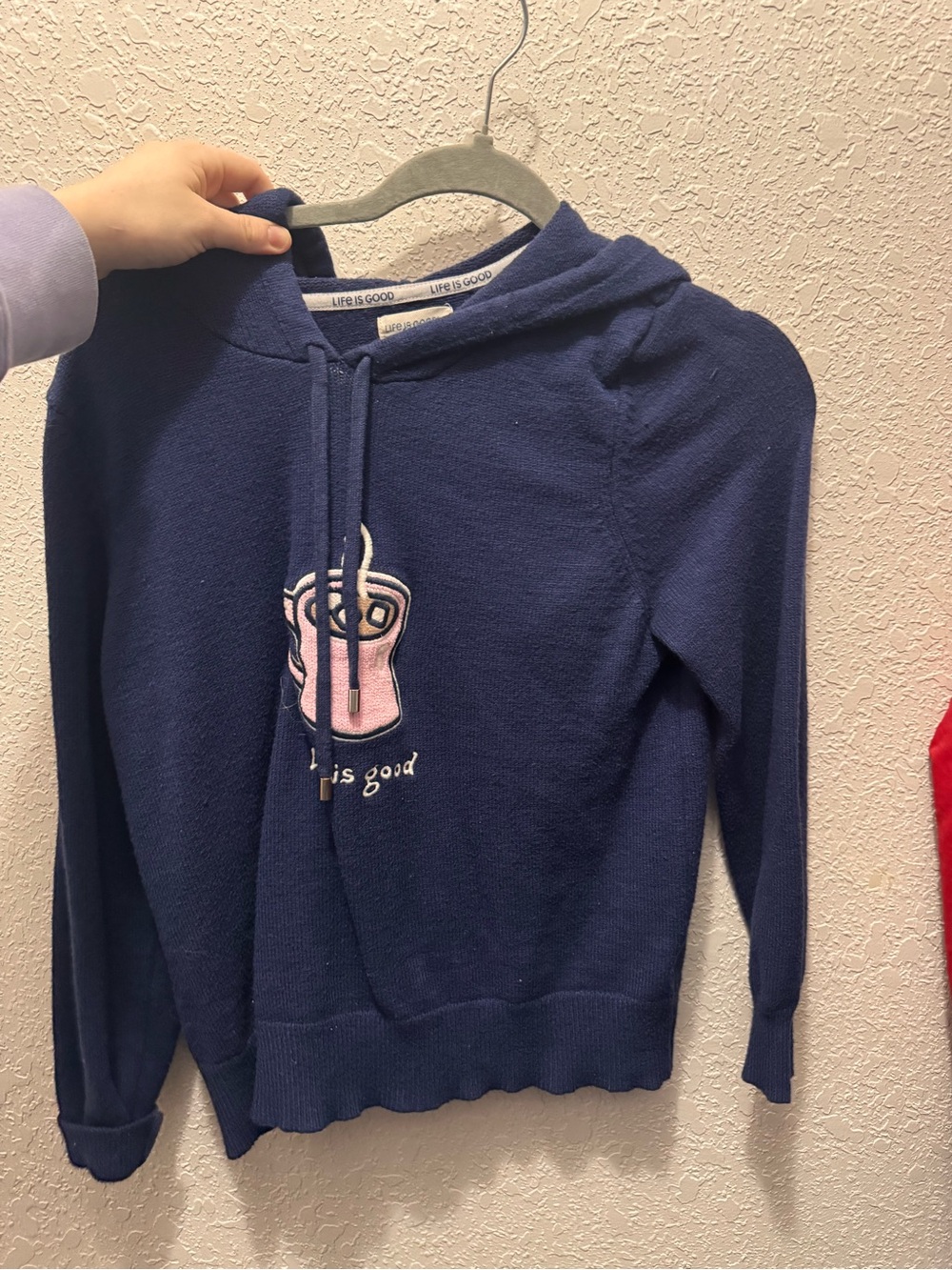 Life Is Good Navy Hoodie Sweater with Pink Graphic